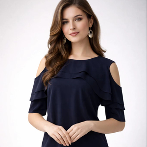 Blusa Elegante de Moda para Mujer Shoryam, Azul, con Hombros Descubiertos y Volantes, Estilo Formal, Diseño Sólido, Camiseta de Crepé de Secado Rápido - Product Image 1