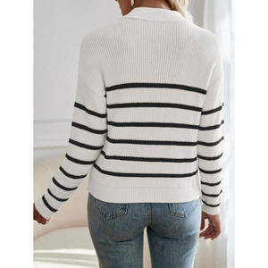 <b>Women's</b> Vintage Striped <b>Half</b>-<b>Zip</b> Ribbed Knit <b>Sweater</b> Casual Short Length - Product Image 4