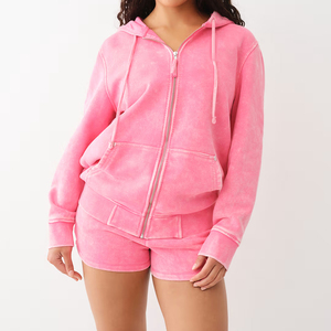 Qualité supérieure femmes hiver solide lavage à l'acide longue Streetwear coton polaire deux pièces Logo personnalisé vêtements de sport à capuche ensemble short et short - Product Image 3