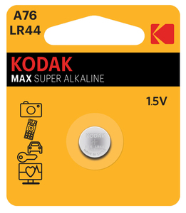 1 pezzo. Batteria a bottone Kodak Max Super Alkaline A76/LR44 1.5V (confezione blister) - Product Image 1