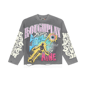 Roughplay Long Sleeve <b>T</b>-Shirt Men's Oversized Streetwear Jersey Cotton O-Neck <b>Back</b> Print Letter Pattern - Product Image 3