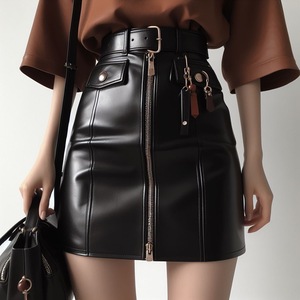 Mini jupe pour femmes Fashion-Forward Logo personnalisé Fermeture à glissière en cuir véritable et accents de boutons en corne - Product Image 1