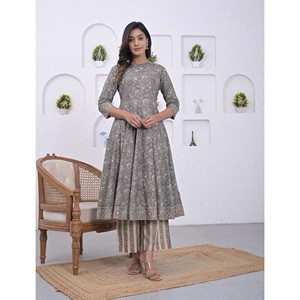 Grey Jaal Cotton Anarkali Kurta Pant Set Elegant Floral Printed Salwar Kameez Heavy <b>Net</b> <b>Fabric</b> Embroidery Work for Party Wear - Product Image 1