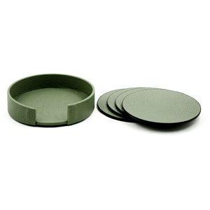 Dessous de verre en cuir vert avec couvercle de support Ensemble de 5 accessoires de décoration de table de forme ronde Dessous de verre en cuir à vendre - Product Image 1