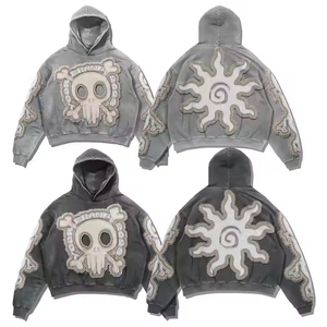 Sudadera con capucha bordada con apliques desgastados de chenilla lavada con piedra Vintage superventas, diseño de logotipo personalizado, 100% algodón teñido liso - Product Image 3