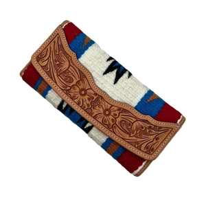 Handcrafted Vintage Genuine Leather Double Snap <b>Clutch</b> Turquoise Saddle Blanket Embroidery RFID Protection Bohemian Fashion - Product Image 1