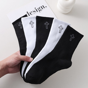 Unisex Men's Mid-Calf Casual Crew <b>Socks</b> High-Cut Solid Sports Breathable Knitted <b>Socks</b> in <b>Black</b>/White Cross Couple Design - Product Image 4