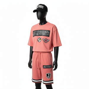 ชุดเซ็ตเสื้อยืดแขนสั้นผ้าคอตตอนโพลีเอสเตอร์คุณภาพสูง 250 GSM ระบายอากาศได้ดี สีชมพู พร้อมโลโก้แบบรีดร้อน ชุดเซ็ตวิ่งออกกำลังกายสำหรับผู้ชาย - Product Image 4