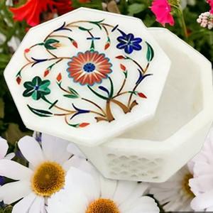 Haut décoratif en forme d'octogone en marbre blanc naturel de qualité indienne faite à la main pour boîtes à bijoux de style luxe boîte-cadeau - Product Image 2