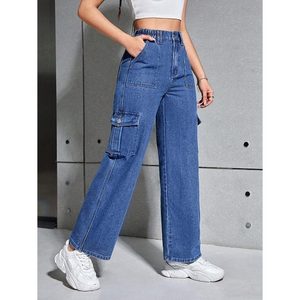Jeans de Mezclilla para Mujer, Color Azul Piedra, Transpirables, Ecológicos, Corte Holgado, Cintura Alta, Estilo Cargo con 6 Bolsillos, Moda Verano-Otoño, Talla 26-40 - Product Image 3