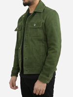 Veste en daim vert pour l'hiver, en cuir de vache et toile, de haute qualité, coupe ajustée pour homme, réversible, multi-poches, fermeture éclair sur le devant