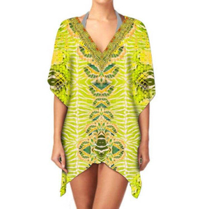 Robe caftan à col en V tendance pour femmes à manches courtes et tissu respirant élégant vêtements d'été décontractés d'Inde - Product Image 3
