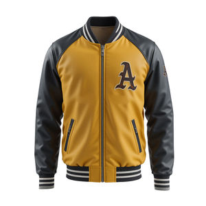 Vestes varsity pour hommes avec corps en laine de qualité supérieure, manches en cuir PU et bordure côtelée rayée classique pour un style streetwear quotidien - Product Image 2