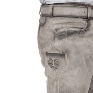 Traditional <b>Men's</b> Solid Vintage Knee Length Lederhosen Genuine Cowhide <b>Suede</b> Leather Embroidery Front Buttons High Waist <b>Belt</b> - Product Image 4