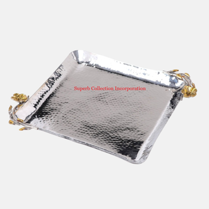 ถาดโลหะทรงสี่เหลี่ยมสำหรับตกแต่งจานเสร็จพร้อมดีไซน์ใบไม้สุดหรูถาดเสิร์ฟอาหารด้วยมือ - Product Image 6