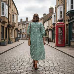 Robe midi Kyra à imprimé à la main, robe bohème florale en coton pour femmes, robe à cordon, style court, mini, midi, long - Product Image 5