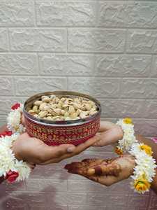 Decorative Stainless Steel Favor Box For Haldi Sangeet Ceremony Brocade Boxes For Sweets Dry Fruits Laddu Chocolate Indian Favor - Product Image 2