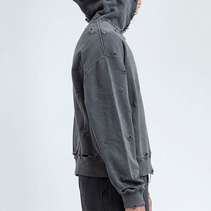 Sweat à capuche vintage surdimensionné en détresse pour hommes pull en polaire avec poche kangourou Streetwear Hip Hop Style hiver Logo personnalisé - Product Image 4