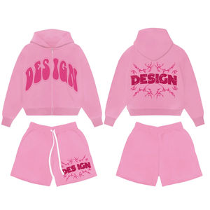 ชุดเซ็ตเสื้อฮู้ดดี้พิมพ์ลายพัฟฟ์ซิปและกางเกงขาสั้นผู้ชาย ผ้าฝ้าย 100% เฟรนช์เทอร์รี่ แบบเรียบ ไม่มีลาย เสื้อฮู้ดดี้ผู้ชายทรงโอเวอร์ไซส์ และกางเกงขาสั้นสีซีดแบบซันเฟด - Product Image 4