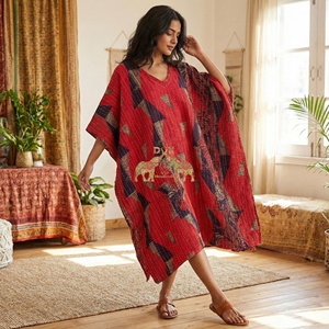 Precioso Kaftán Vintage Multicolor Estampado a Mano para Verano, Talla Grande, Casual, con Bolsillo, Hecho a Medida, Estilo Kantha - Product Image 4