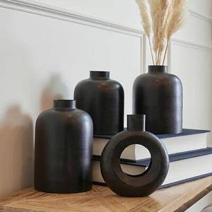 Vase à fleurs rond en aluminium au design moderne, revêtement en poudre noire, pour la décoration de la maison, des mariages et de Noël, pour une présentation au sol - Product Image 1