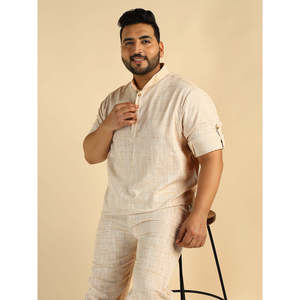 Amanush <b>Men's</b> Off White Handloom Cotton Plus Size Kurta With Mandarin Collar Short Sleeve Casual Summer Shirt Loose Fit - Product Image 1