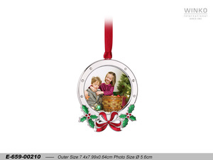 Winko XMAS ORN Metal Photo Frame Picture Frame Ornament, Round Frame With Holly Christmas Tree W/ Epoxy, W/ 5" <b>Red</b> <b>Ribbon</b>, ... - Product Image 1