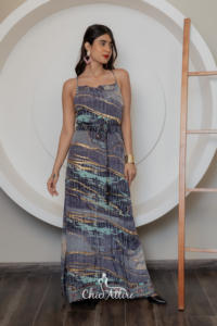 Robe longue sans manches à bretelles spaghetti délicates avec taille cintrée à imprimé géométrique abstrait pour les événements de soirée - Product Image 4