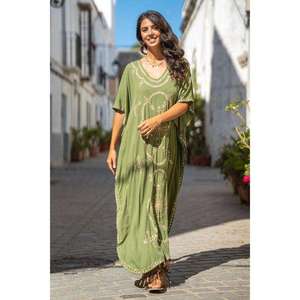 Women's Eco-Friendly Embroidered Kaftan Maxi <b>Dress</b> V-Neck Loose Fit Natural Waist Boho Ethnic Resort Wear - Product Image 2