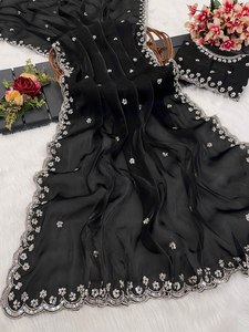 Sari indien de fabrication et de vente en gros pour les fêtes et les mariages, avec de lourds travaux de broderie et de paillettes - Product Image 4