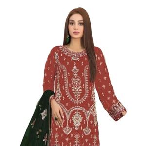 Vestido de trabajo de secuencia de bordado de Georgette de imitación pesado con fondo de seda Stanton terciopelo Dupatta colección de ropa India pakistaní - Product Image 1