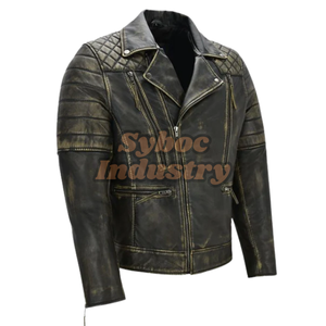 แจ็กเก็ตนักขี่จักรยานหนังวินเทจสำหรับผู้ชายเสื้อแจ็กเก็ตนักขี่มอเตอร์ไซค์หนังวัวแท้มีกระเป๋าและไหล่ - Product Image 4