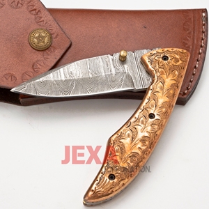 Couteau de poche tactique pliable en acier Damas avec manche en laiton, garantie de 3 ans - Camping, multifonction, utilitaire - Product Image 2