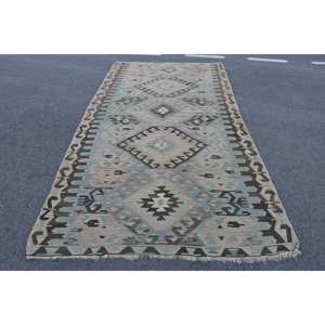 Alfombra Kilim Vintage azul Beige 5,3X10,1 pies, obra maestra turca clásica, lana, tejido plano, respaldo de yute, patrón de retazos para adolescentes - Product Image 1