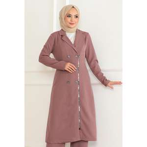 Ensemble décontracté rose poudré MSW19219-3 avec fermeture éclair, hauts à capuche à détails boutonnés, en tricot rayé uni, taille XL, longueur mi-cuisse, pour l'automne - Product Image 2