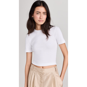 OEM custom ladies Crop <b>Top</b> T Shirt 100% Cotton ribbed fabric slim fit round neck breathable fabric summers Fitness Crop <b>Top</b> Tees - Product Image 1