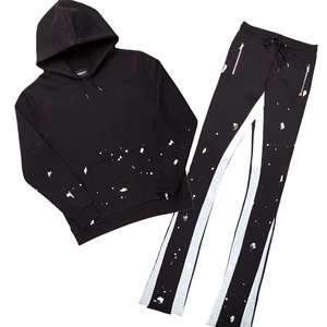 Customizable 100% Cotton French Terry Print Distressed Sun Fade Acid Wash Tracksuit Rhinestone <b>Flare</b> Sweat Pants Set OEM - Product Image 1