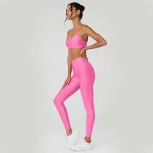 Most Demanding Women Pink <b>Colour</b> Stretchable Spandex Material Yoga Set With 2 Strips Sports Bra and Mid Waist <b>Leggings</b> - Product Image 3