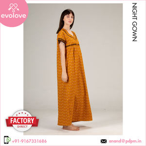 Medias mangas cuello redondo 100% algodón hecho personalizado señoras ropa de dormir de mujer tejido largo camisón amarillo con flor roja - Product Image 2