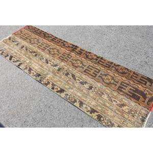 Vintage <b>Brown</b> Beige <b>Wool</b> Rug 2.7 X 7.8ft Classic Turkish Style Handmade Patchwork Design for Bedside Latex Backed - Product Image 4