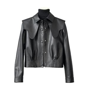 เสื้อแจ็กเก็ตหนังสำหรับผู้หญิงเอวสูง, ใหม่เสื้อแจ็คเก็ตคอปกสีน้ำเงินเข้มสำหรับฤดูใบไม้ร่วง2024 - Product Image 1