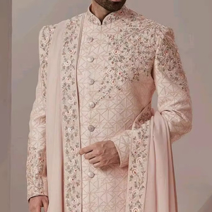 2024 élégant marié rose Sherwani Zari broderie soie tissu personnalisé étole embelli cristal verre perles fermeture éclair mouche grande taille - Product Image 1