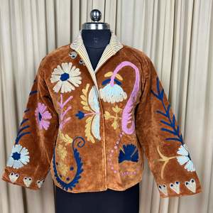 Boho Chic Retro Chic Free Size XL <b>Robe</b> Hand Embroidered Brown Floral Velvet Suzani Jacket Open Front Winter <b>Coat</b> Winter Wear - Product Image 1