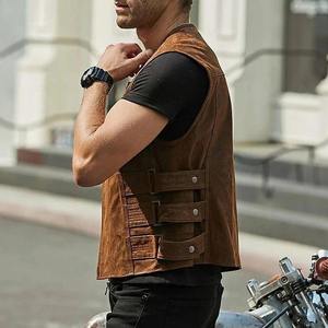 Vintage moto mode Style vestes en cuir hommes PU gilet manteaux poches plaquées bouton fermeture col rond fermeture éclair hiver - Product Image 6