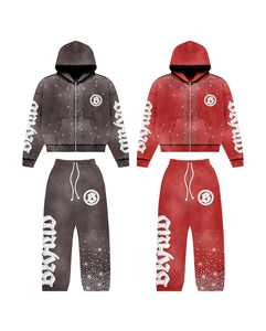 Chándal con capucha con apliques de diamantes de imitación de calidad superior con cremallera de gran tamaño francés Terry Drop Shoulder Vintage lavado con ácido desgastado - Product Image 1