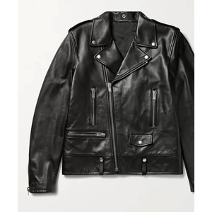 Chaqueta de motorista de calle alta de cuero genuino negro de alta calidad para hombre, diseño de cremallera múltiple, patrón de tela tejida frontal con cuello vuelto - Product Image 2