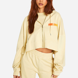 Haute qualité 100% coton recadrée fermeture éclair sweats à capuche pour femmes Logo brodé personnalisé respirant fermeture éclair hiver sweats à capuche et sweat - Product Image 4