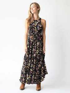 Hot Selling Women's Casual Maxi <b>Dress</b> Flounce Sleeves Standard V-Neck <b>Elastic</b> Empire Waist Drawstring Hand Block Trendy Pattern - Product Image 2