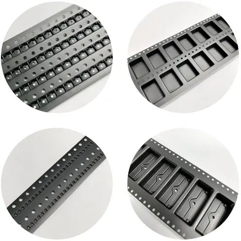 इलेक्ट्रॉनिक घटक पैकेजिंग के लिए पीई, एबीएस, पीसी प्लास्टिक सामग्री कस्टम चौड़ाई 8MM-102MM प्लास्टिक वाहक टेप