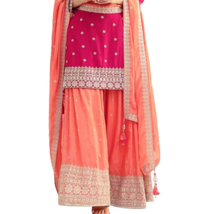 Rosa y melocotón Kurta Palazzo con Dupatta en Zari trabajo al por mayor mujeres étnicas OEM proveedor de fábrica de ropa traje personalizado - Product Image 6